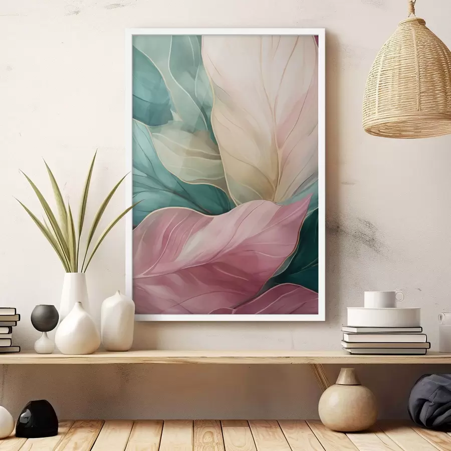 carta da parati Foglie tropicali color smeraldo e rosa nr. f50385