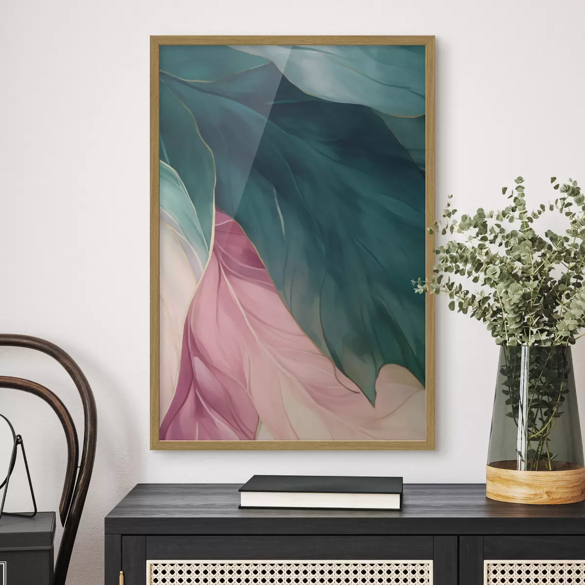 Poster Foglie turchese intenso e rosa cipria f50386