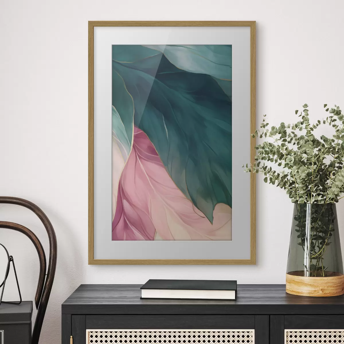 Poster Foglie turchese intenso e rosa cipria f50386