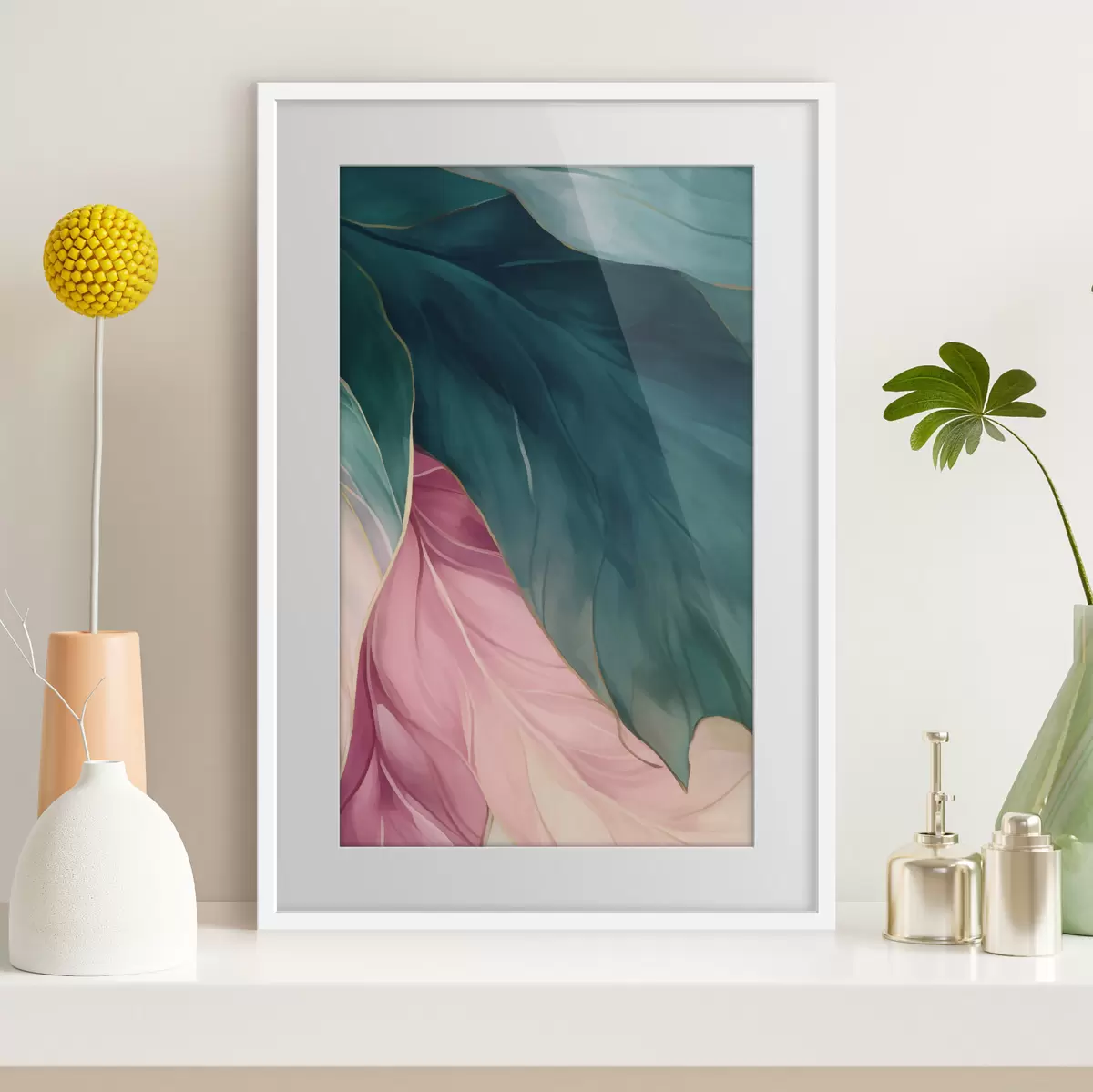 Poster Foglie turchese intenso e rosa cipria f50386