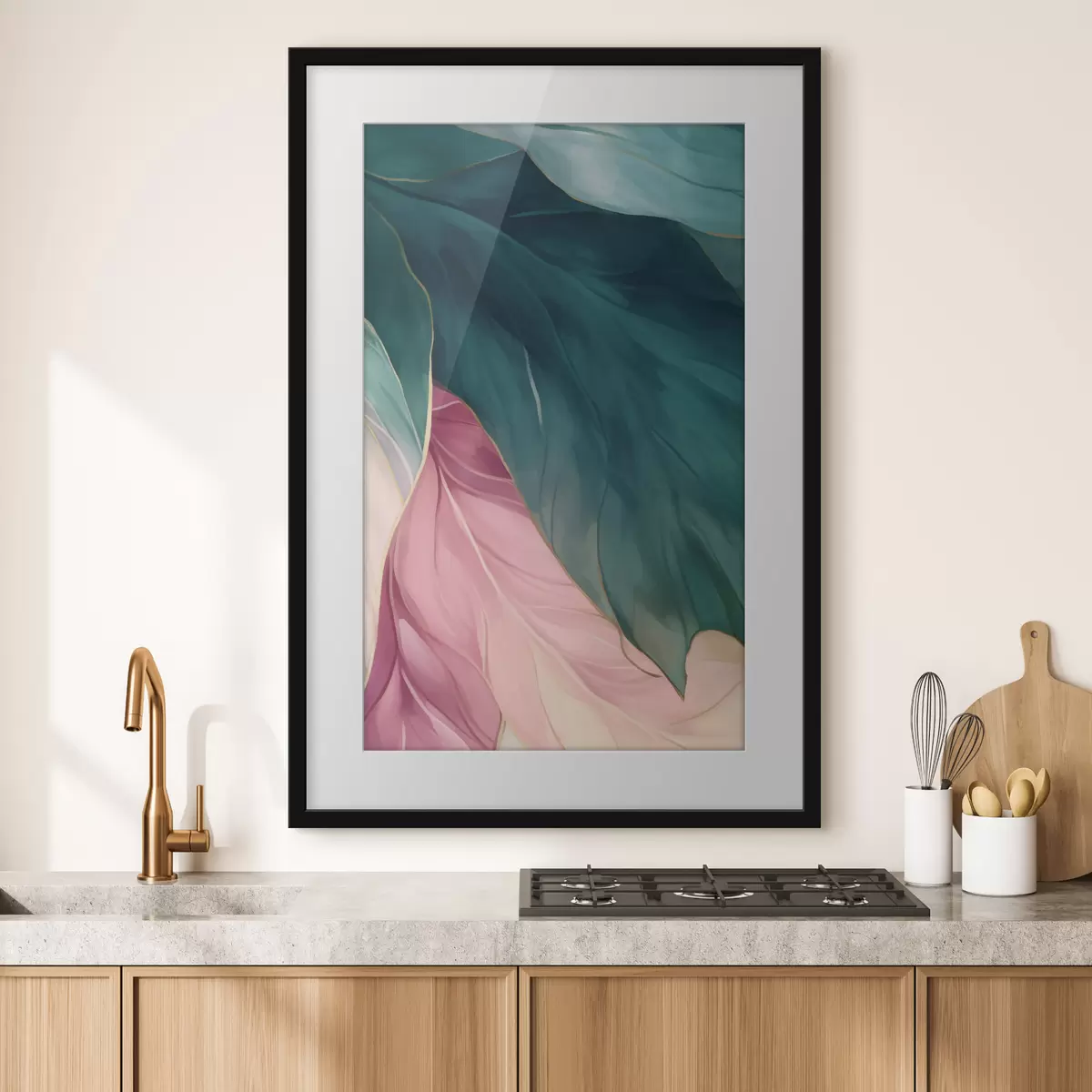 Poster Foglie turchese intenso e rosa cipria f50386