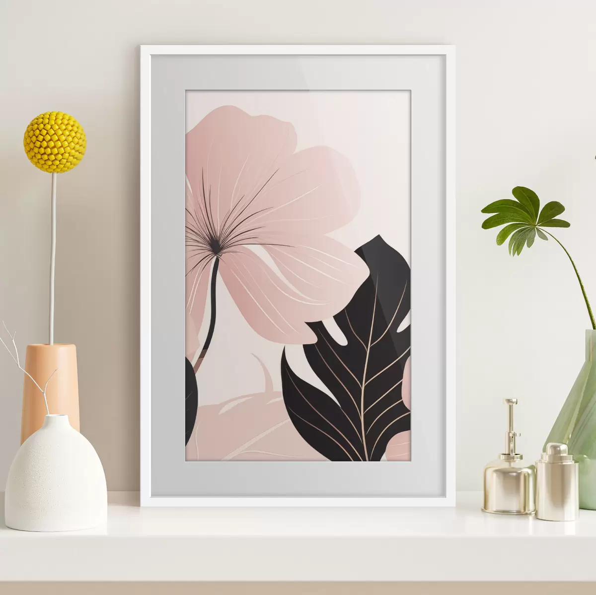 Poster Fiore rosa con foglia dai riflessi neri f50389