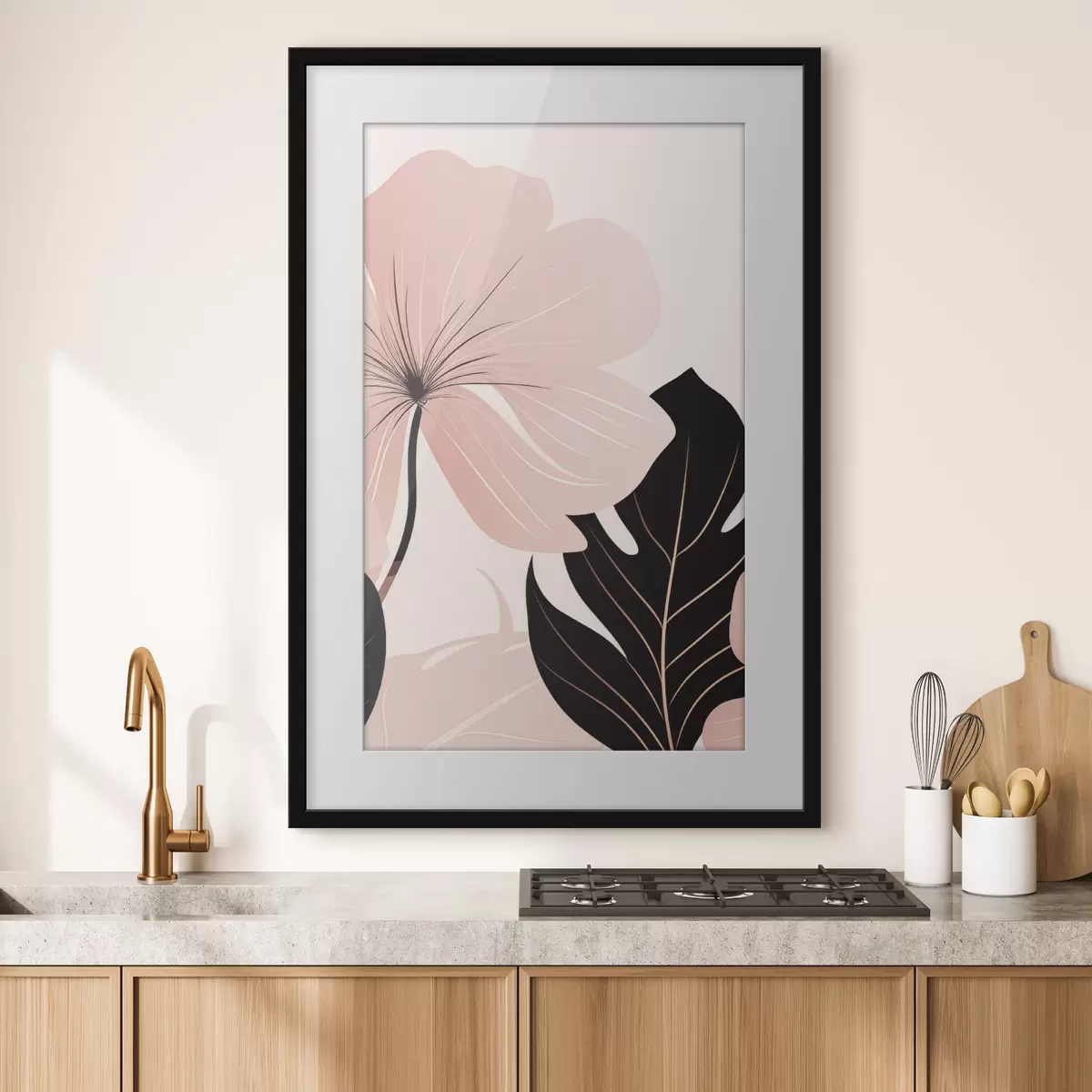 Poster Fiore rosa con foglia dai riflessi neri f50389