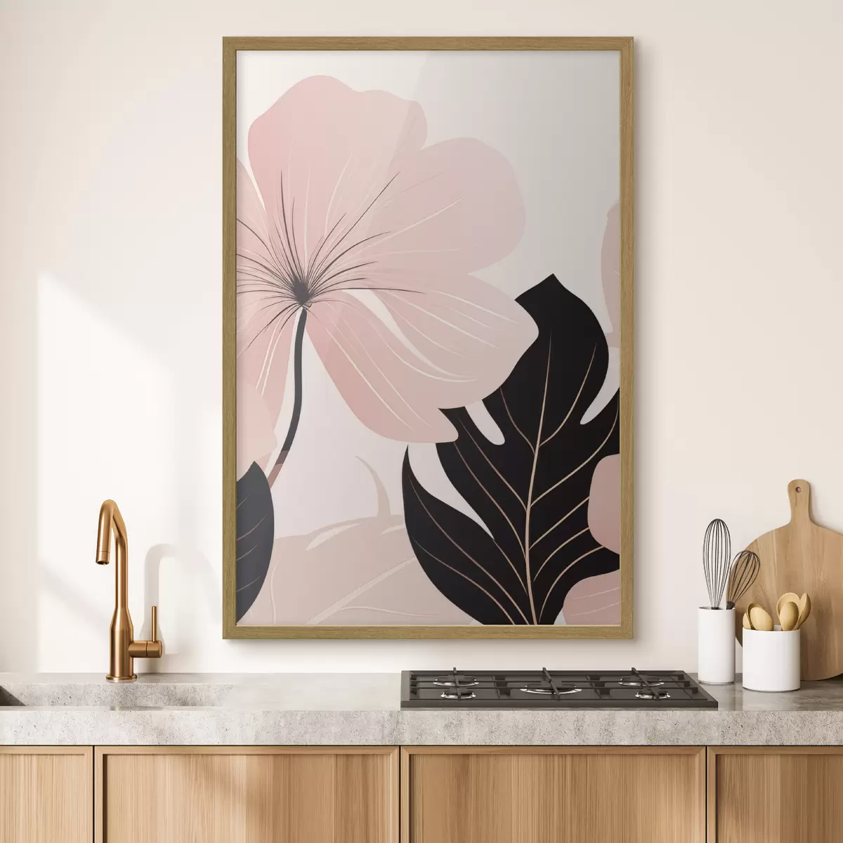 Poster Fiore rosa con foglia dai riflessi neri f50389