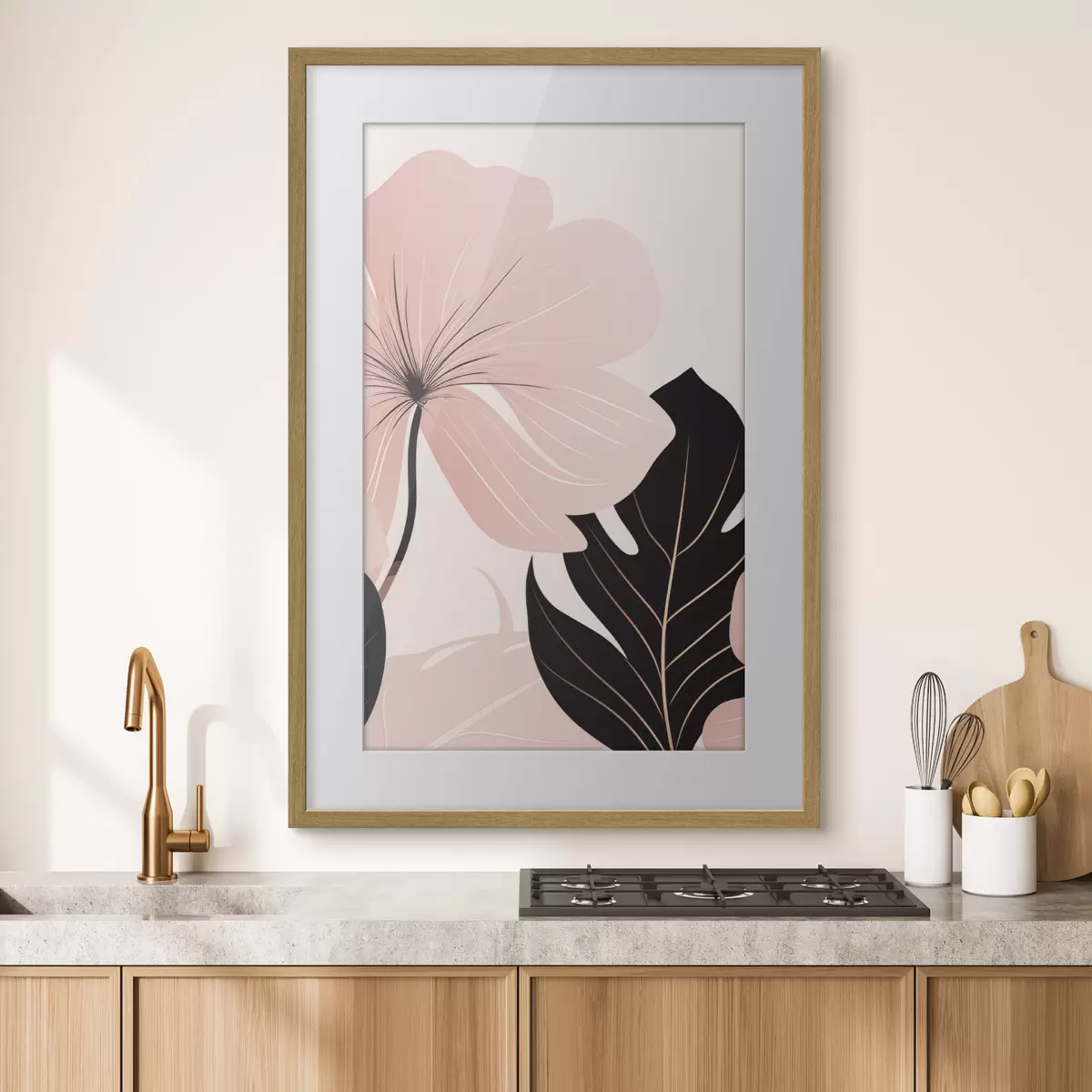 Poster Fiore rosa con foglia dai riflessi neri f50389