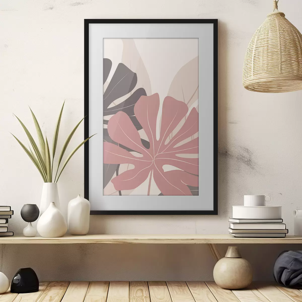 Poster Foglie tropicali rosa e grigie f50391