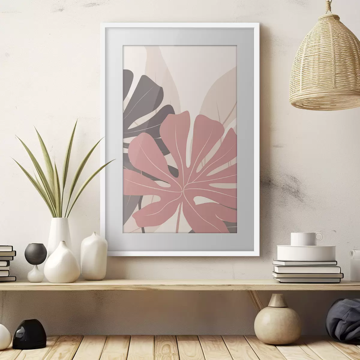 Poster Foglie tropicali rosa e grigie f50391