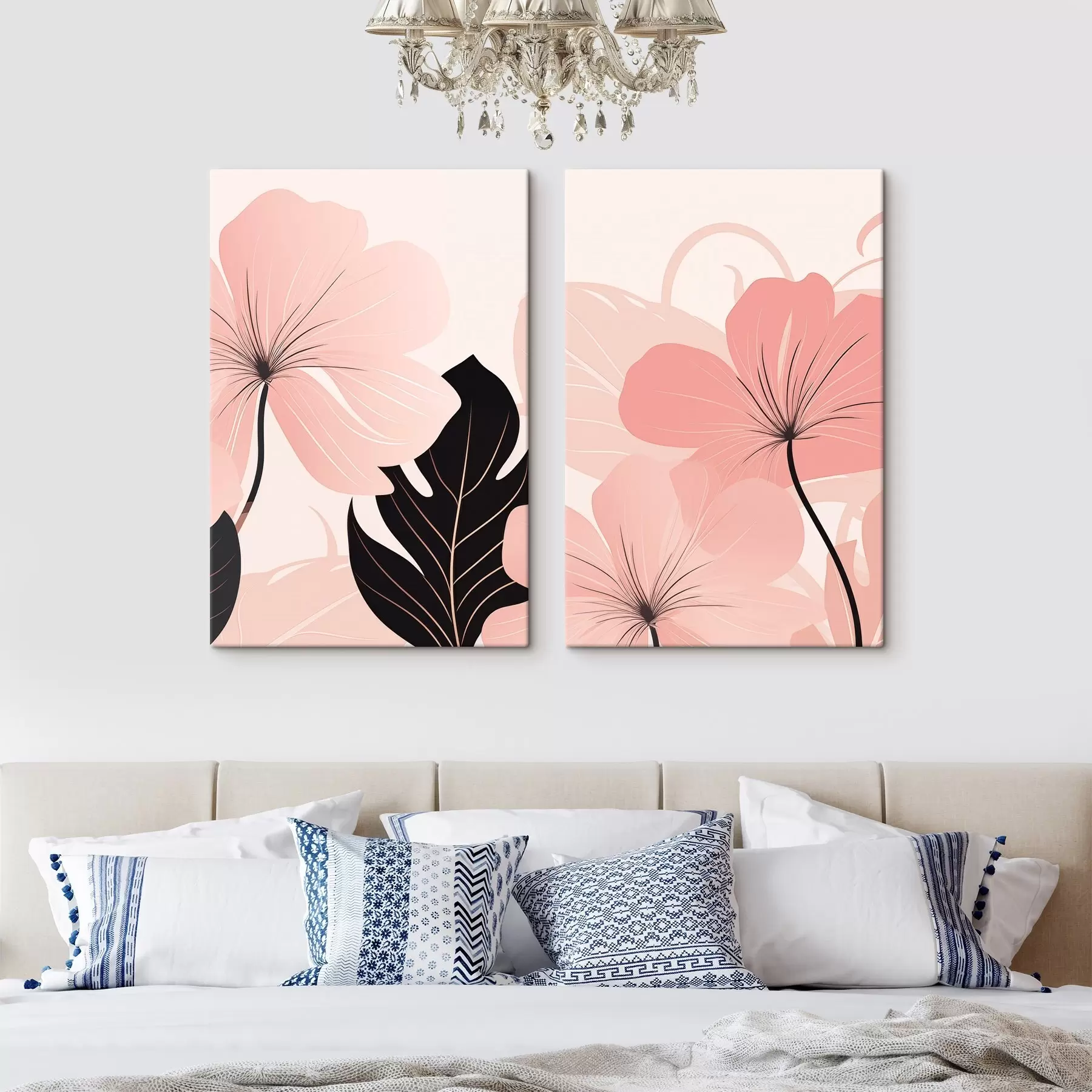 Quadro Fiori rosa e foglie stilizzate nr. m30902