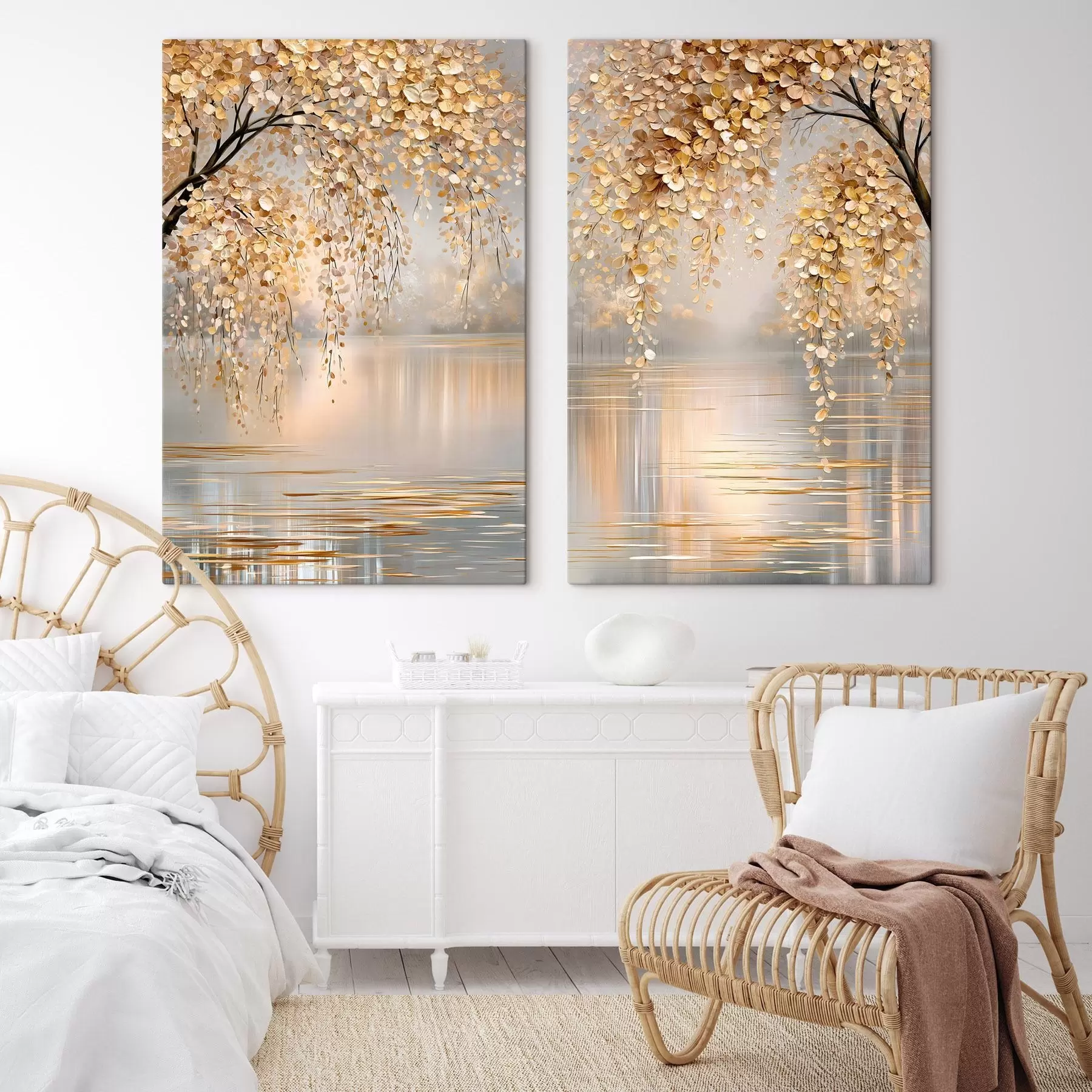 carta da parati Un albero autunnale in riva al lago, dipinto in stile oil painting nr. m30924