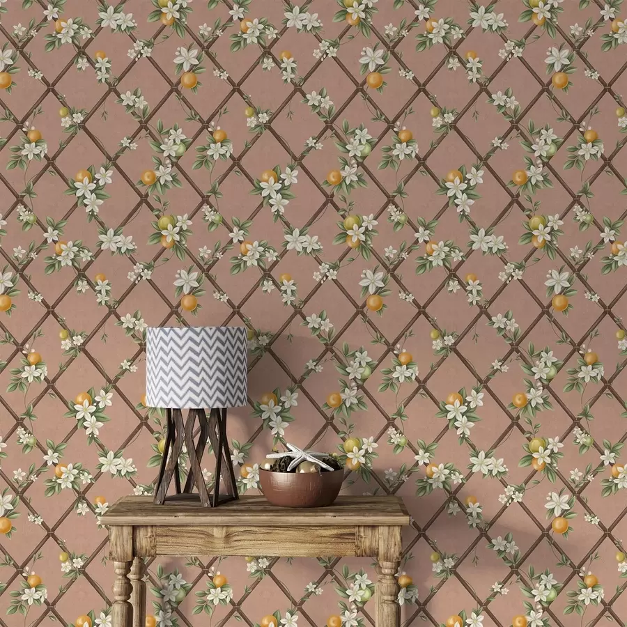 carta da parati Fiori e agrumi su uno sfondo rosa con un motivo a traliccio nr. a01261v1