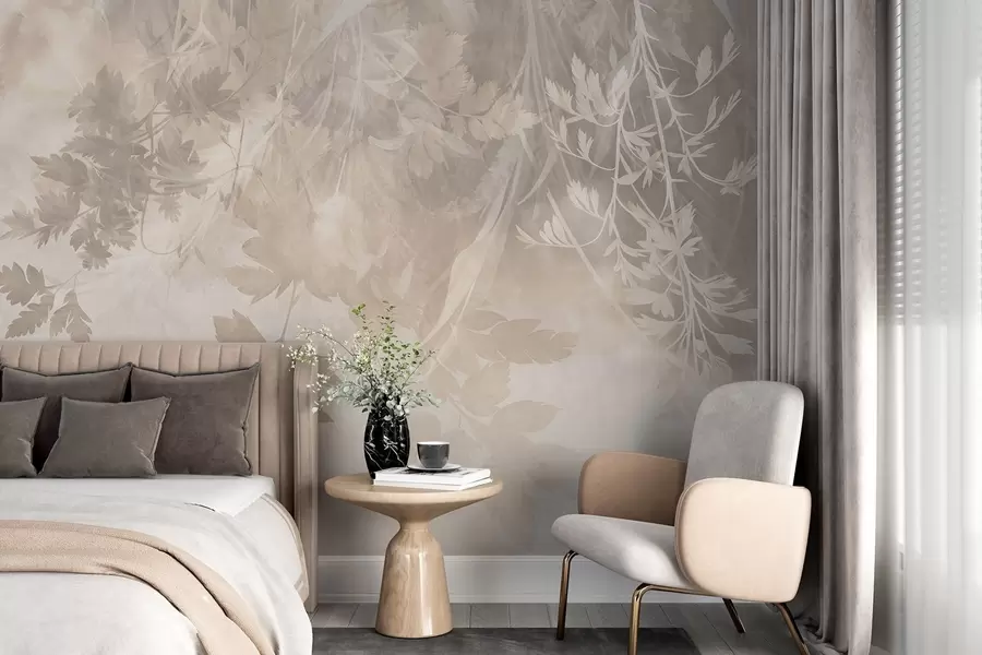 carta da parati Foglie e rami dalla trama marcata su uno sfondo beige tenue e smorzato nr. w10020