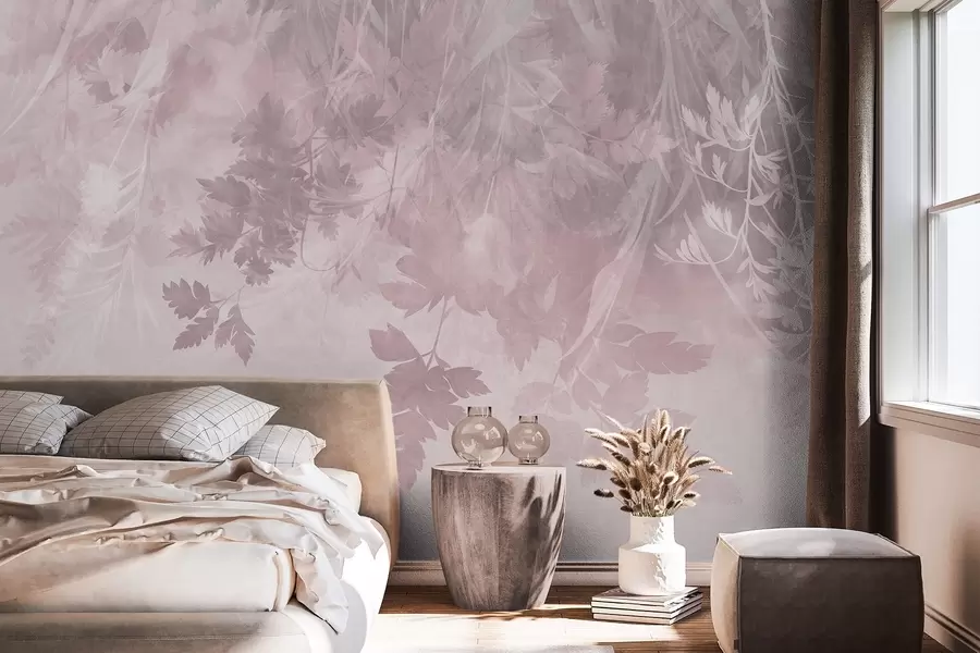 carta da parati Foglie e rami dalla texture marcata su uno sfondo rosa tenue e smorzato nr. w10020v1