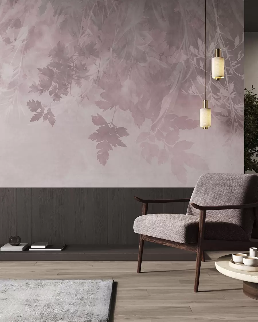 carta da parati Foglie e rami dalla texture marcata su uno sfondo rosa tenue e smorzato nr. w10020v1