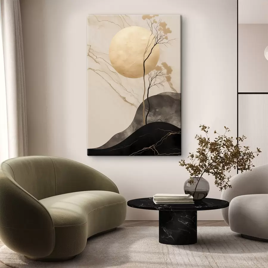 carta da parati Un'opera d'arte astratta in stile minimalista, con alberi e texture fluide nei toni del beige e del nero nr. s50612