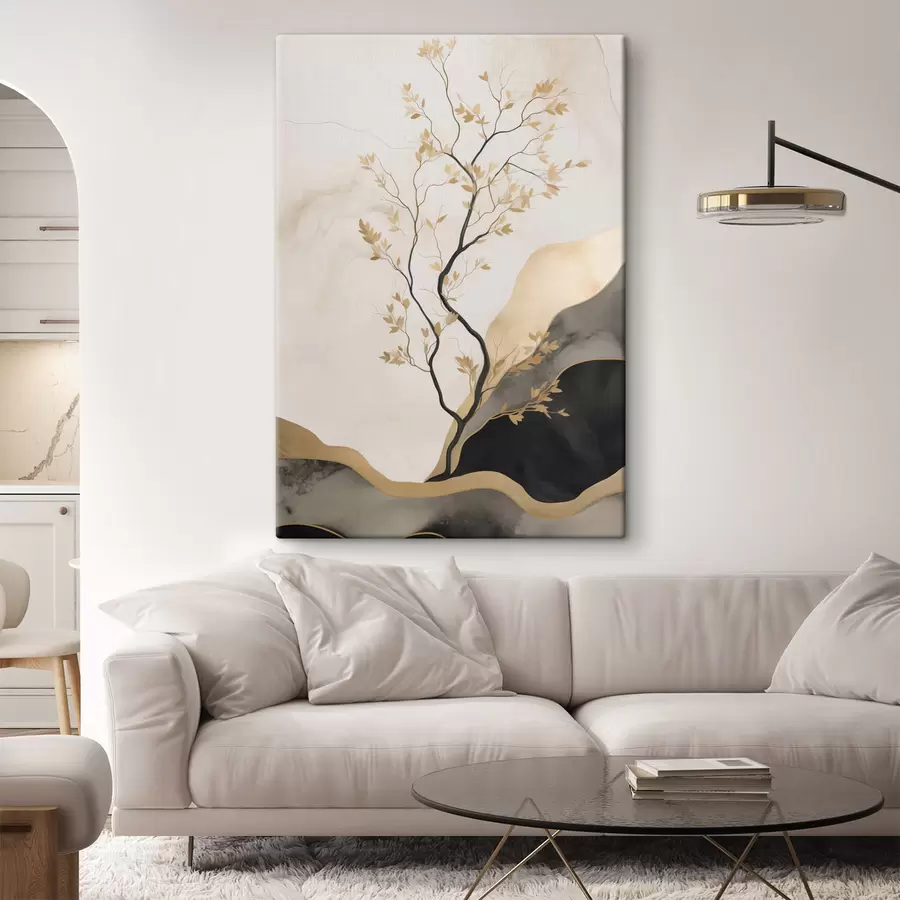 carta da parati Un'opera d'arte astratta in stile minimalista, con alberi e texture fluide nei toni del beige e del nero nr. s50613