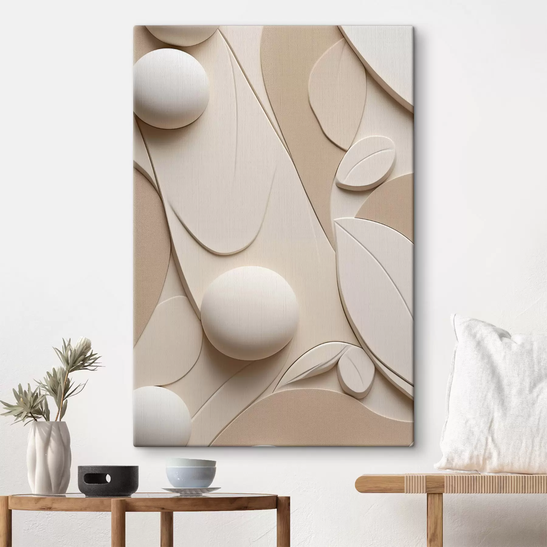 Quadro Composizione astratta con forme organiche e sfere in tonalità neutre nr. s50616