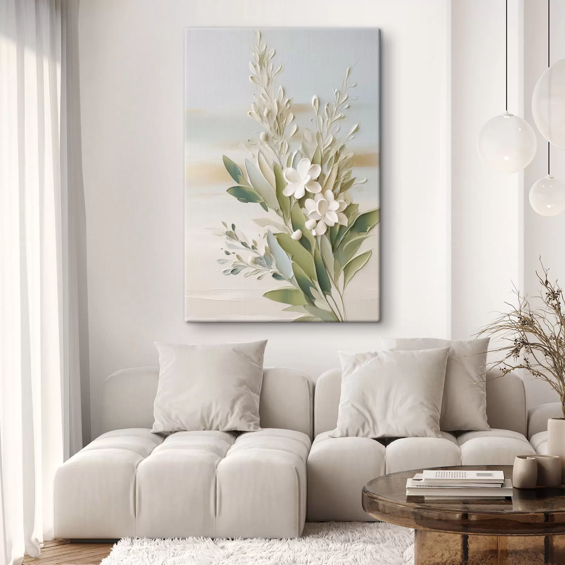 Quadro Fiori bianchi e foglie verdi su uno sfondo morbido e materico dai colori pastello nr. s50618