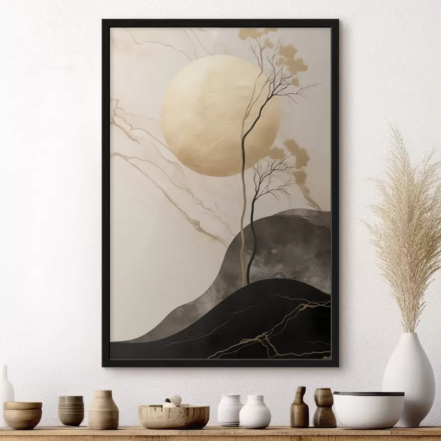 carta da parati Un'opera d'arte astratta in stile minimalista, con alberi e texture fluide nei toni del beige e del nero nr. f50612