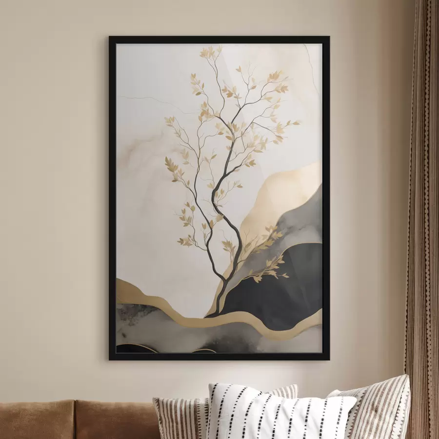 carta da parati Un'opera d'arte astratta in stile minimalista, con alberi e texture fluide nei toni del beige e del nero nr. f50613