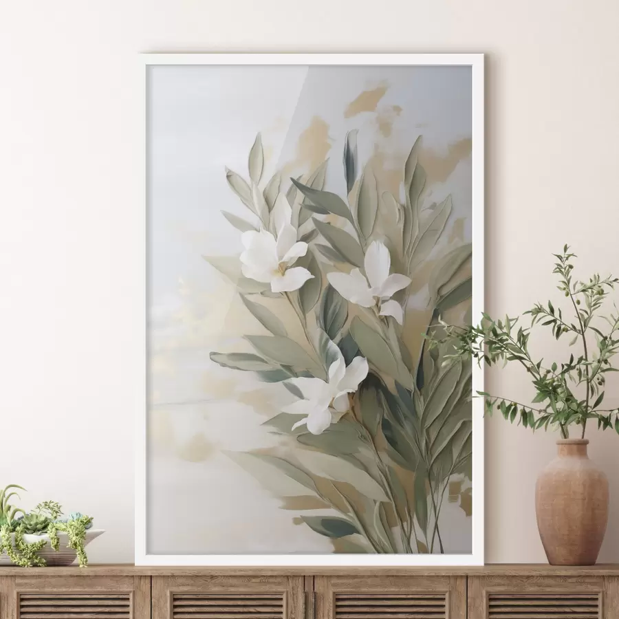 carta da parati Fiori bianchi e foglie verdi su uno sfondo morbido e materico dai colori pastello nr. f50619