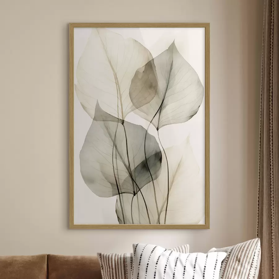 carta da parati Foglie trasparenti con texture nei toni del beige e del grigio, su sfondo chiaro nr. f50625