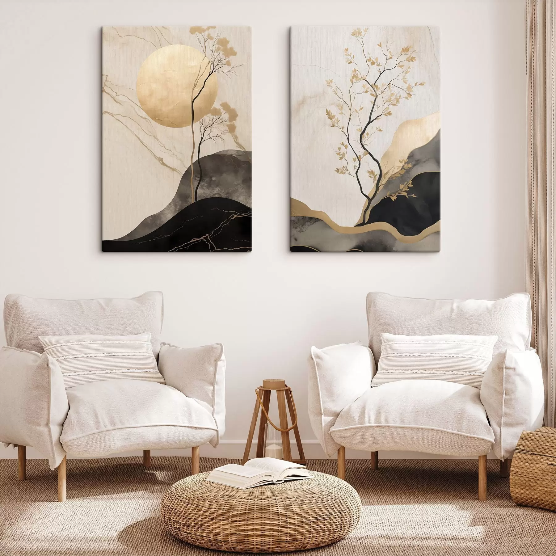 carta da parati Un'opera d'arte astratta in stile minimalista, con alberi e texture fluide nei toni del beige e del nero nr. m30955