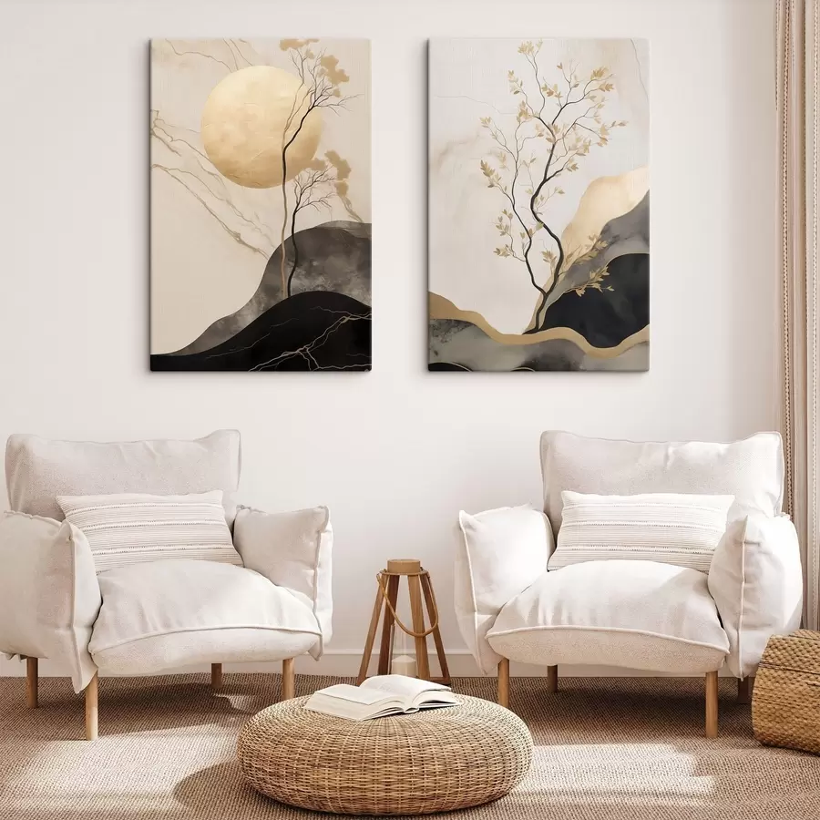 carta da parati Un'opera d'arte astratta in stile minimalista, con alberi e texture fluide nei toni del beige e del nero nr. m30955