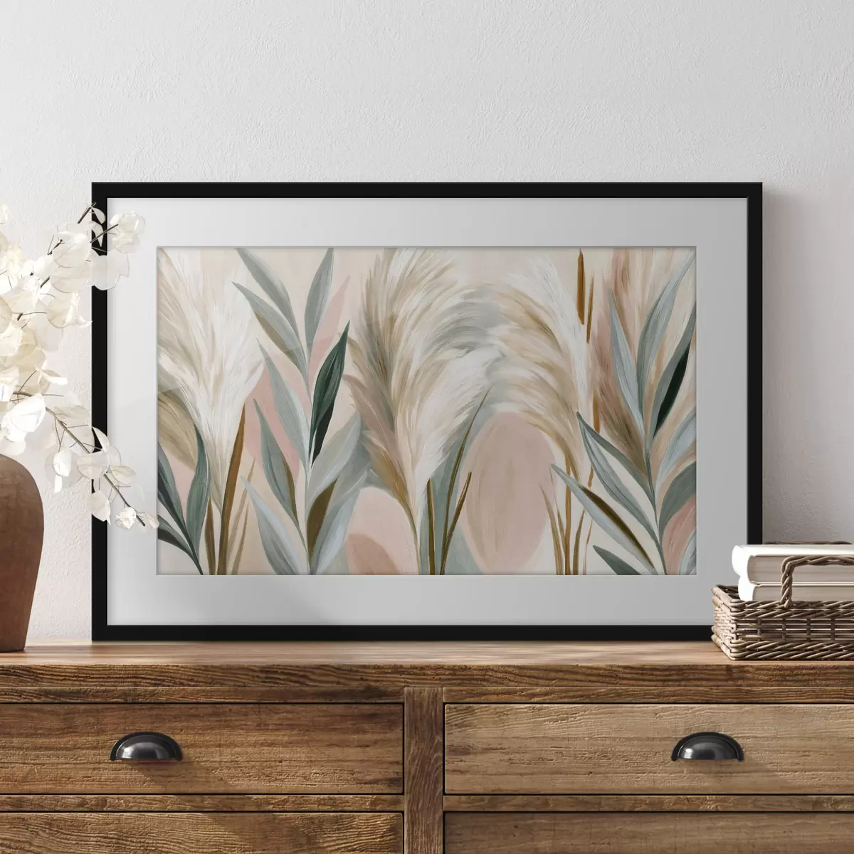 Poster Foglie decorative ed erbe piumate dai toni pastello f50586