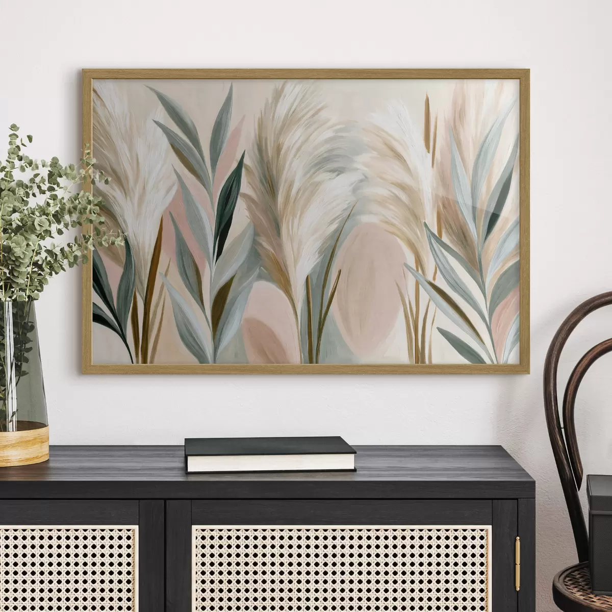 Poster Foglie decorative ed erbe piumate dai toni pastello f50586