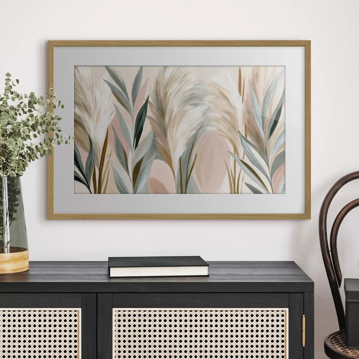 Poster Foglie decorative ed erbe piumate dai toni pastello f50586