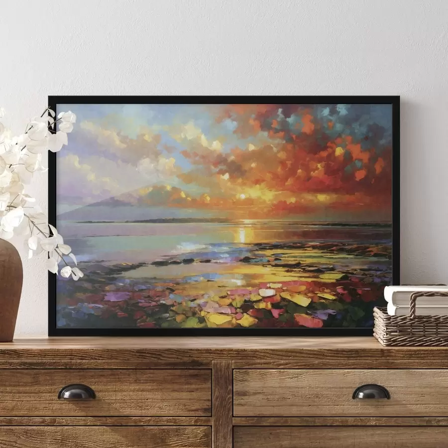 carta da parati Un tramonto dai colori vivaci sull'acqua e su una costa rocciosa nr. f50591