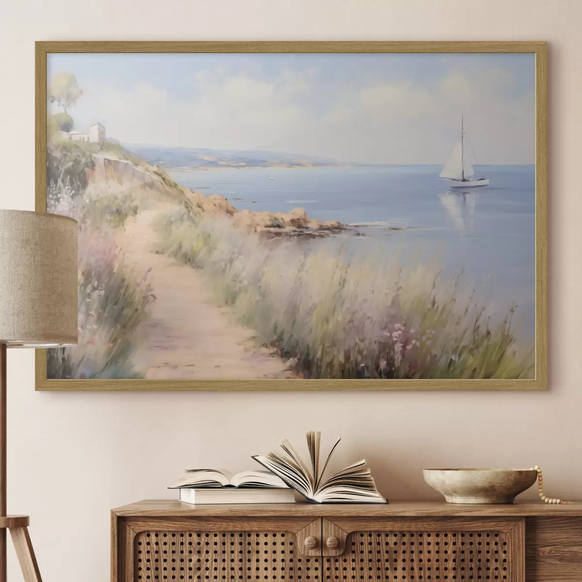 Poster Sentiero costiero con fiori e una barca a vela f50592