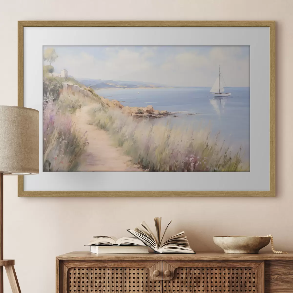 Poster Sentiero costiero con fiori e una barca a vela f50592