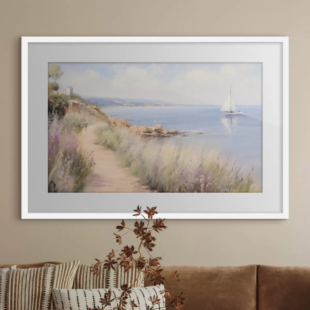 Poster Sentiero costiero con fiori e una barca a vela f50592