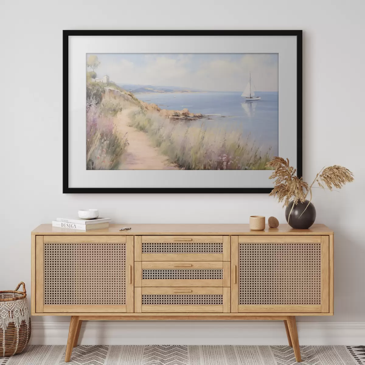 Poster Sentiero costiero con fiori e una barca a vela f50592