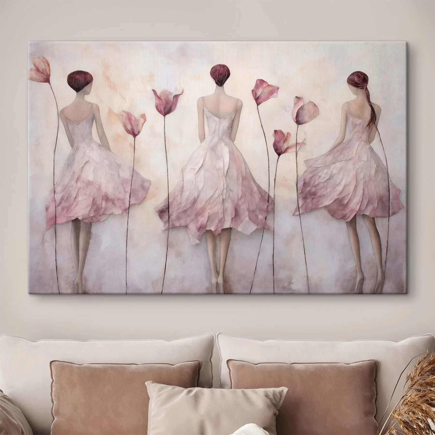Quadro Tre figure femminili in abiti rosa tra i fiori nr. s50582