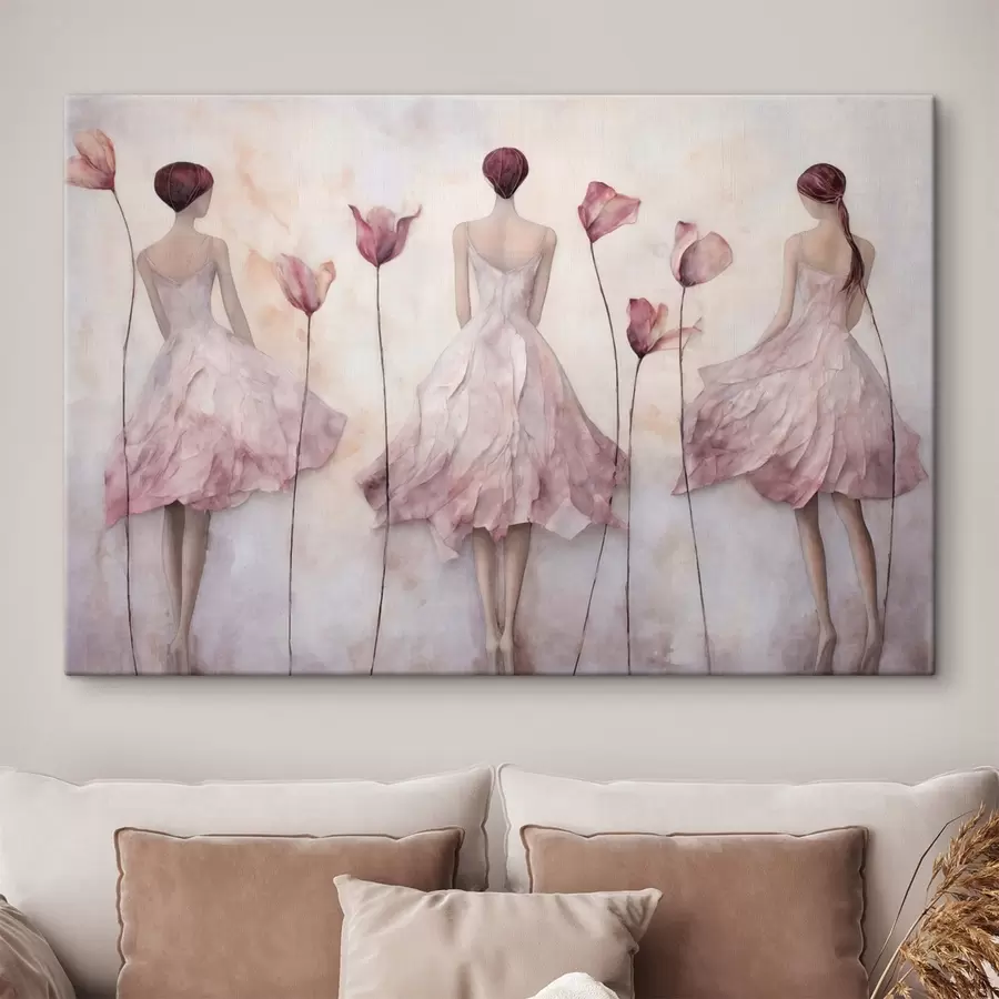 carta da parati Tre figure femminili in abiti rosa tra i fiori nr. s50582