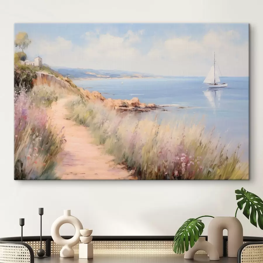 carta da parati Sentiero costiero con fiori e una barca a vela nr. s50592
