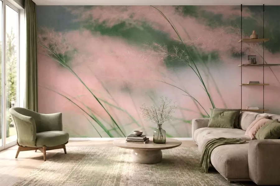 Carta da parati nature Delicate erbe rosa su uno sfondo di un verde tenue 