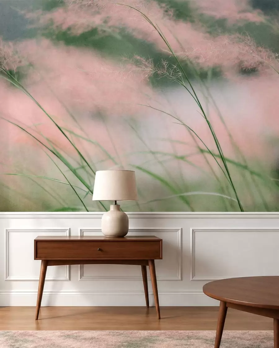 Carta da parati nature Delicate erbe rosa su uno sfondo di un verde tenue 