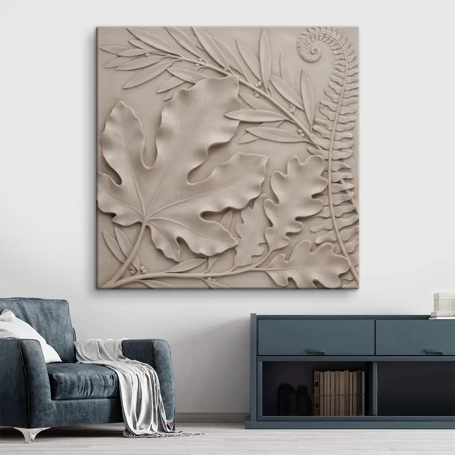 carta da parati Una composizione botanica tridimensionale con foglie e rami dalla trama ruvida, realizzata in stile bassorilievo nr. s50013