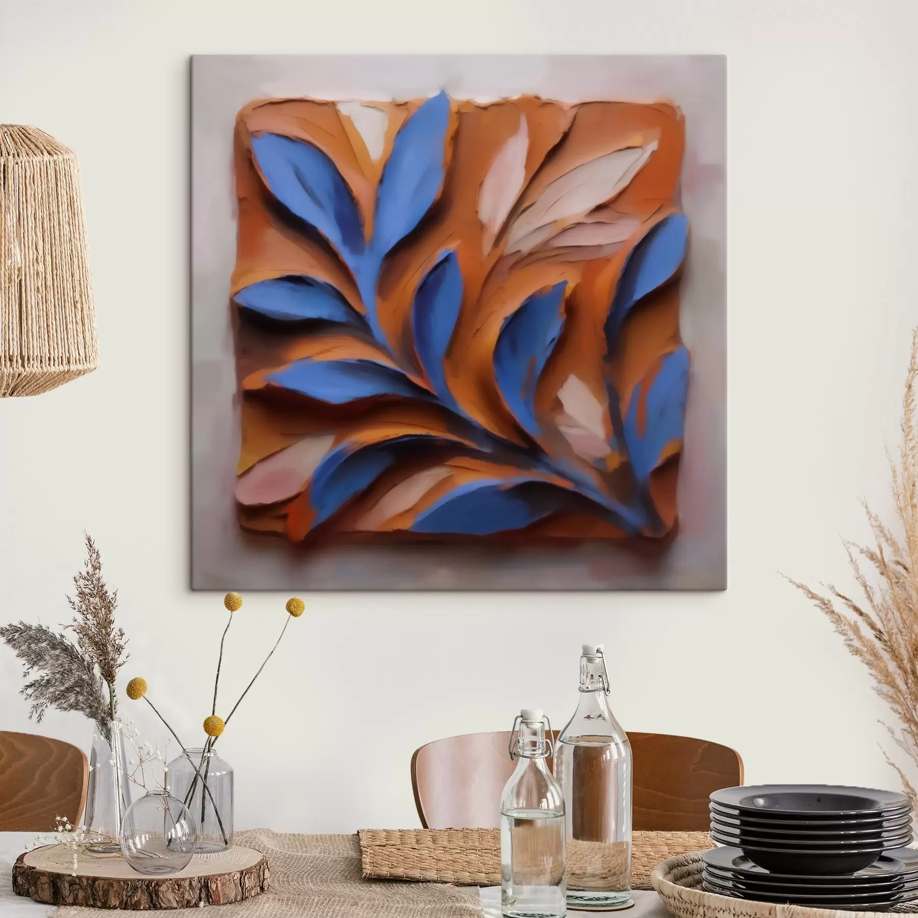 carta da parati Una composizione botanica tridimensionale con foglie blu su sfondo di terracotta, realizzata con la tecnica dell’impasto nr. s50018