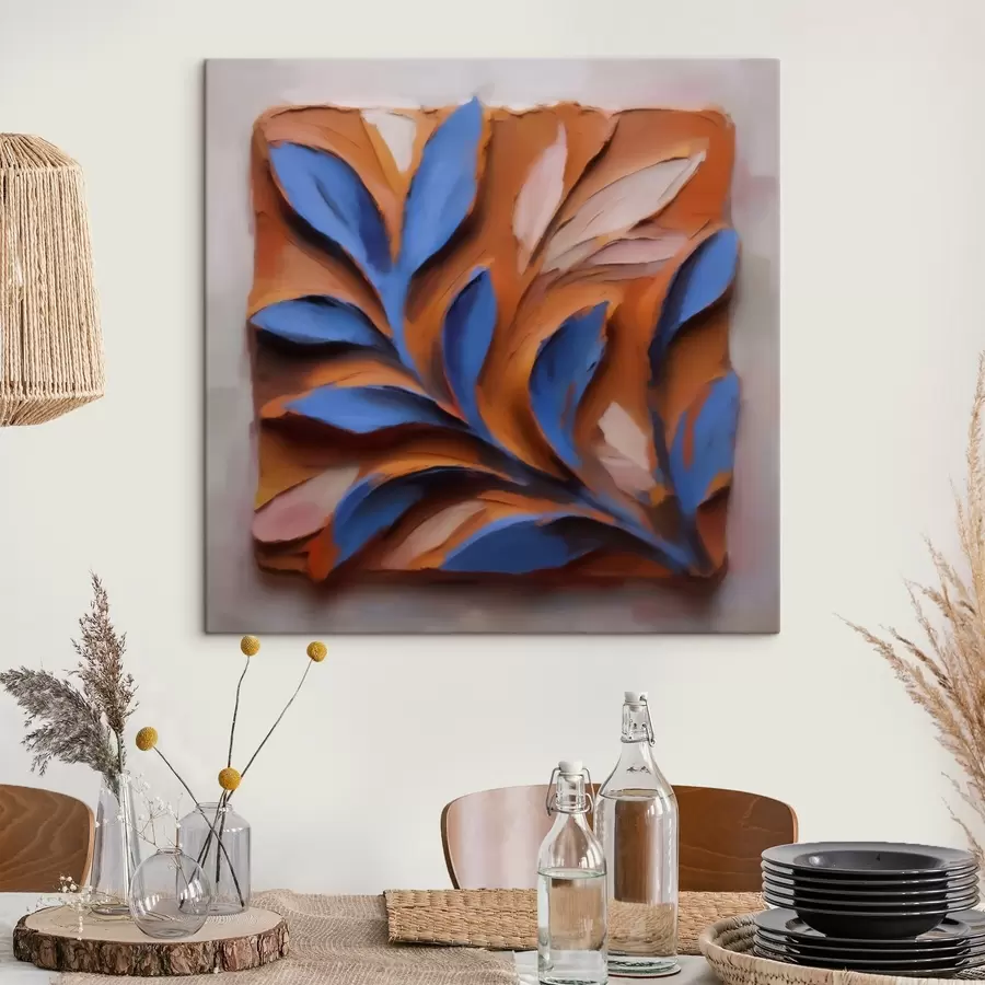 carta da parati Una composizione botanica tridimensionale con foglie blu su sfondo di terracotta, realizzata con la tecnica dell’impasto nr. s50018