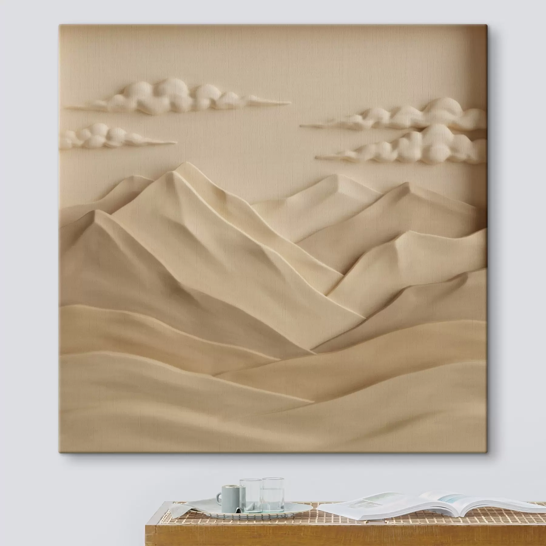 carta da parati Un paesaggio minimalista con montagne e nuvole tridimensionali in stile rilievo contemporaneo nr. s50019