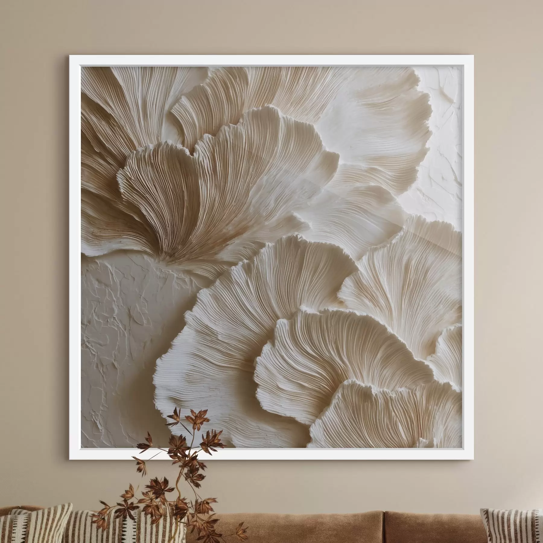 carta da parati Astrazione contemporanea negli interni con forme tridimensionali a ventaglio in calde tonalità di beige nr. f50004