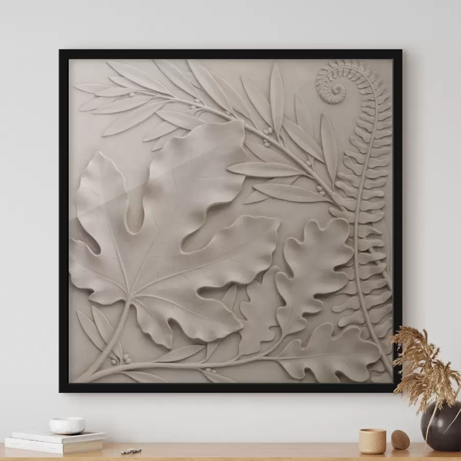 carta da parati Una composizione botanica tridimensionale con foglie e rami dalla trama ruvida, realizzata in stile bassorilievo nr. f50013