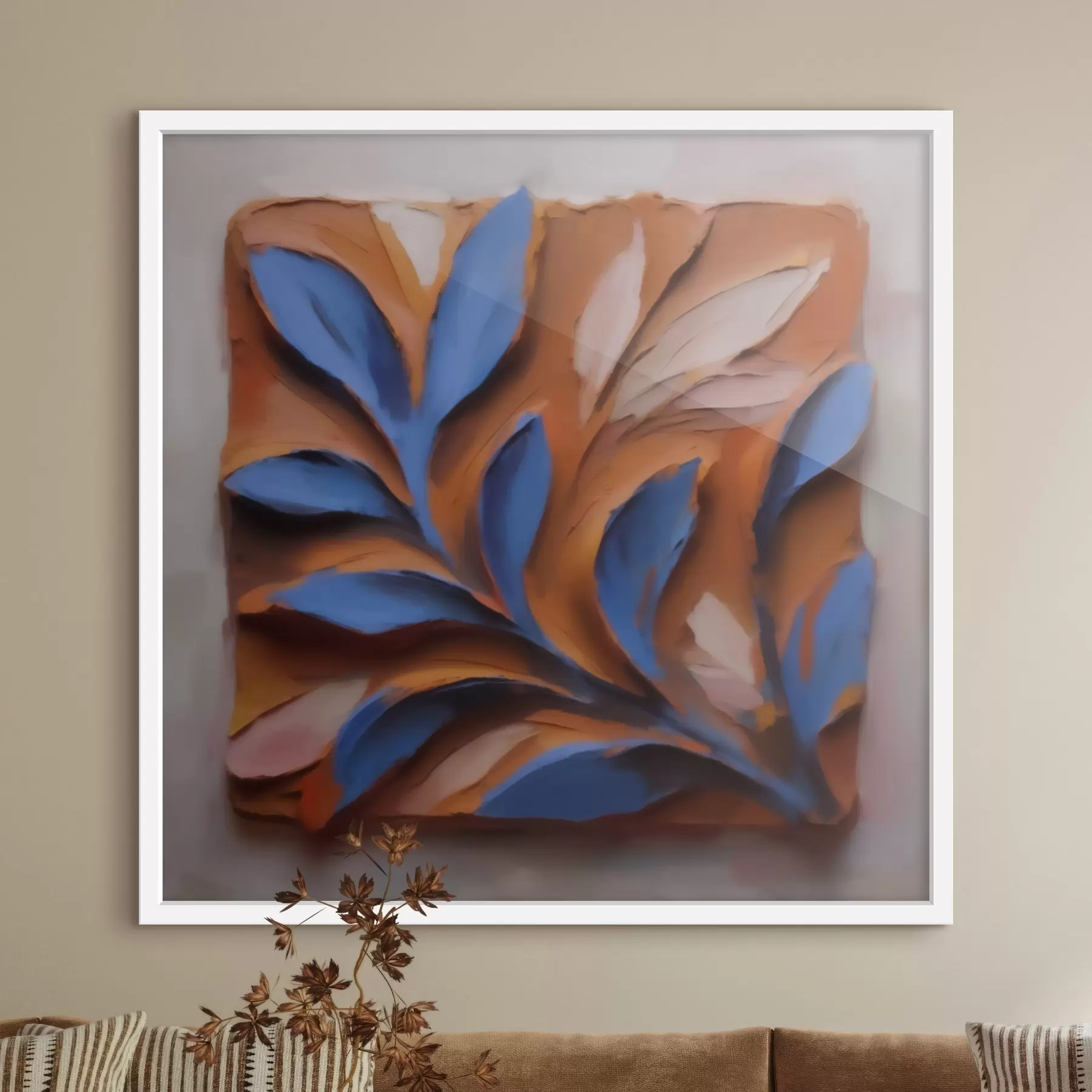 carta da parati Una composizione botanica tridimensionale con foglie blu su sfondo di terracotta, realizzata con la tecnica dell’impasto nr. f50018