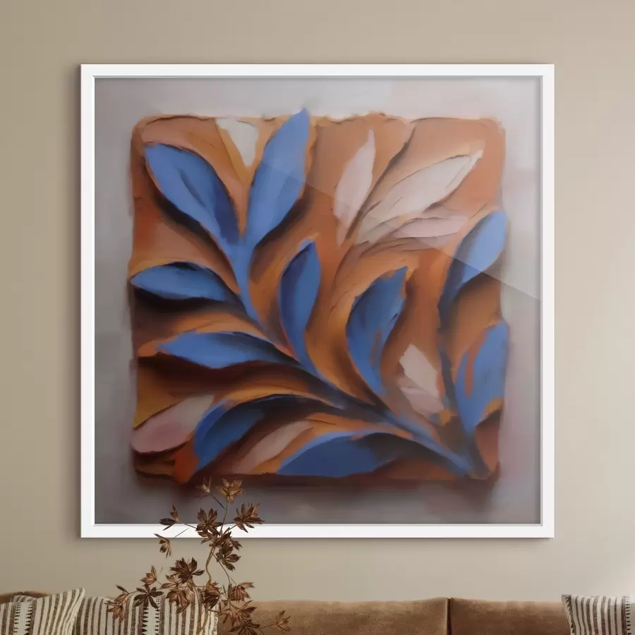 carta da parati Una composizione botanica tridimensionale con foglie blu su sfondo di terracotta, realizzata con la tecnica dell’impasto nr. f50018