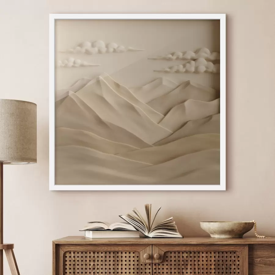 carta da parati Un paesaggio minimalista con montagne e nuvole tridimensionali in stile rilievo contemporaneo nr. f50019