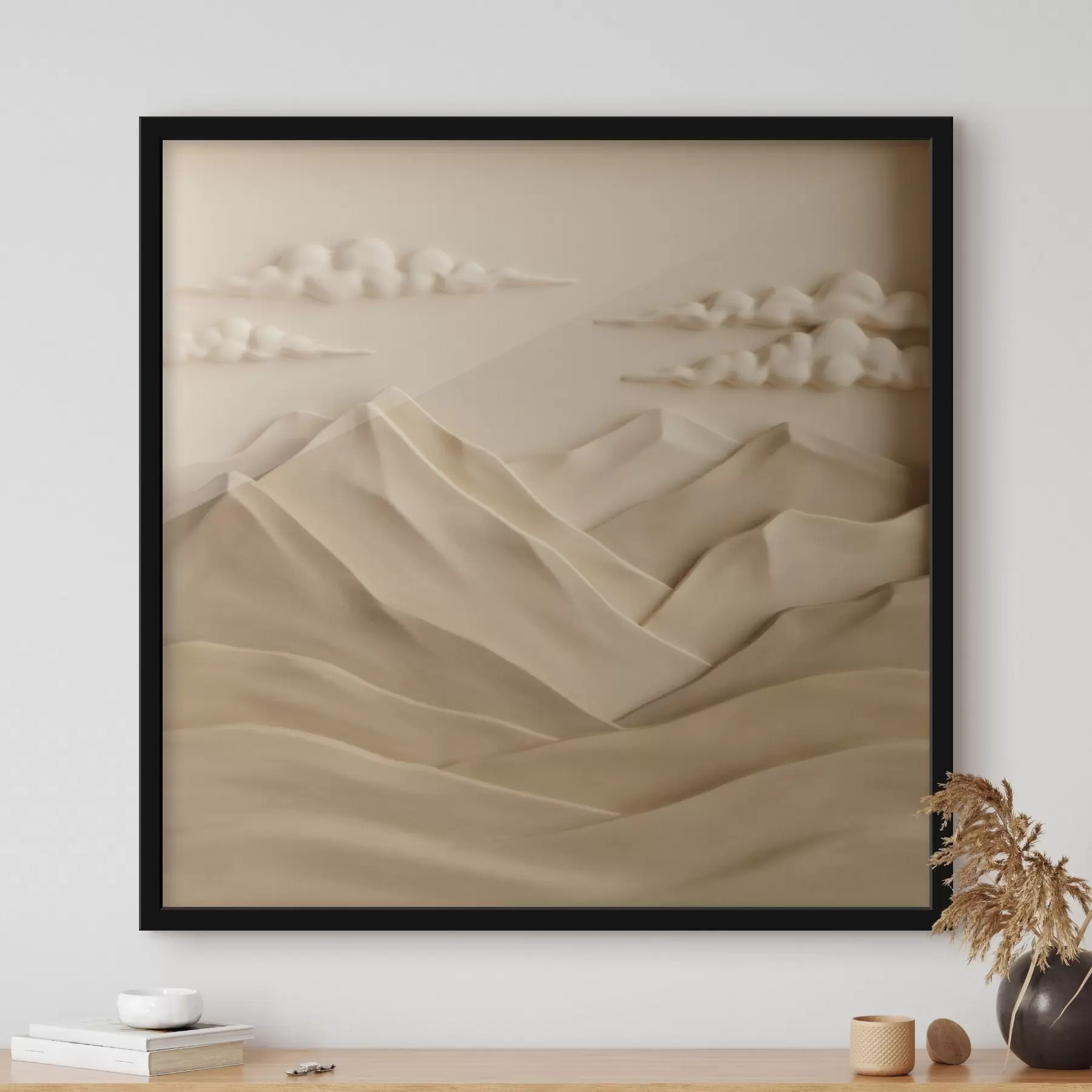 carta da parati Un paesaggio minimalista con montagne e nuvole tridimensionali in stile rilievo contemporaneo nr. f50019